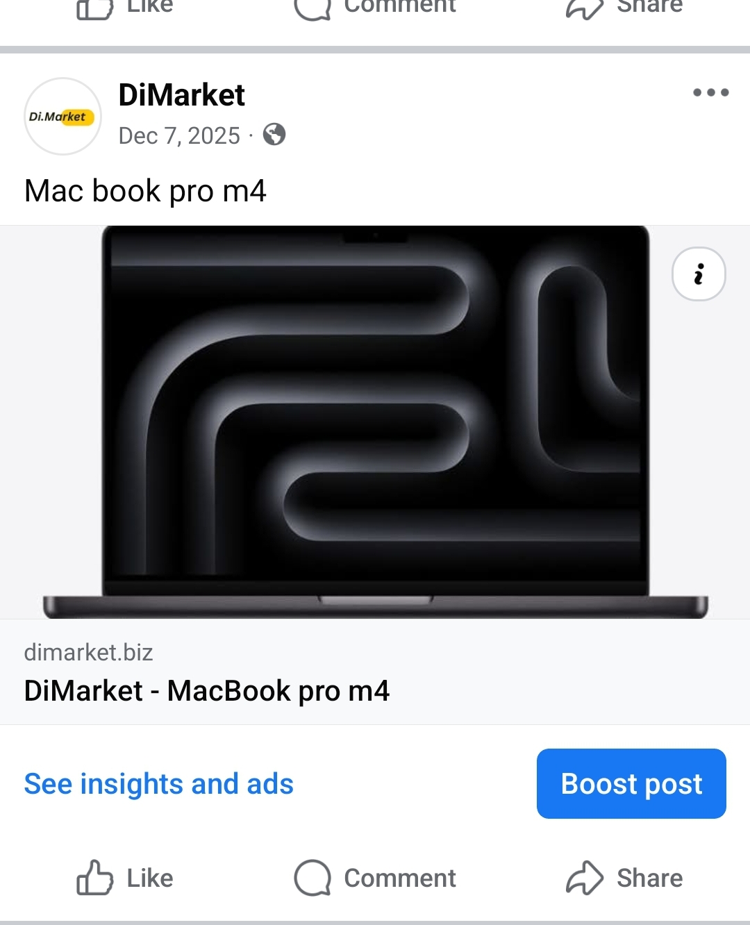 Poste Facebook avec le lien de la collection DiMarket