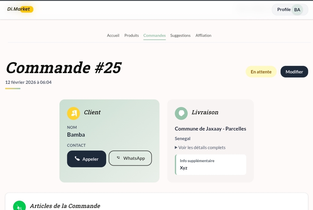 Page d'une commande avec DiMarket