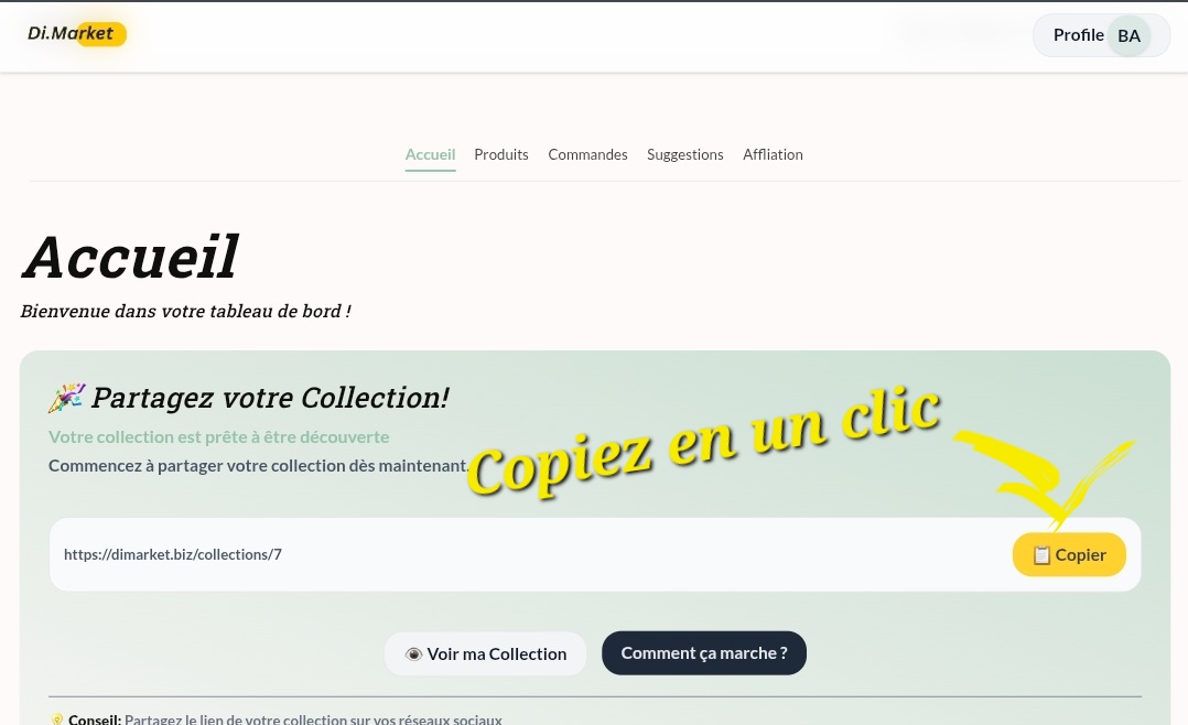 interface pour copier votre lien DiMarket